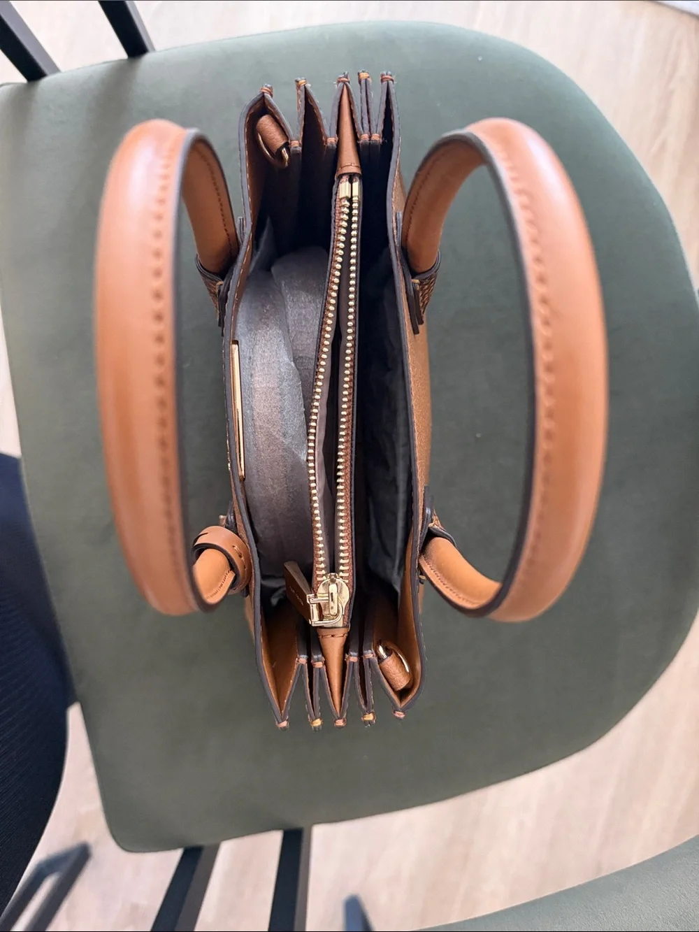 Michael Kors Tan Pebbled Leather Satchel with Snake-Trim